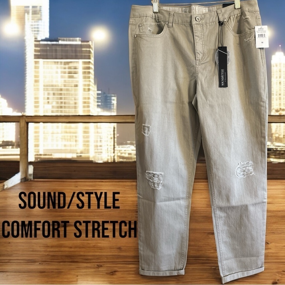 Sound Style Khaki Cotton Comfort Stretch Slimming Plus Size Deconstructed Jean